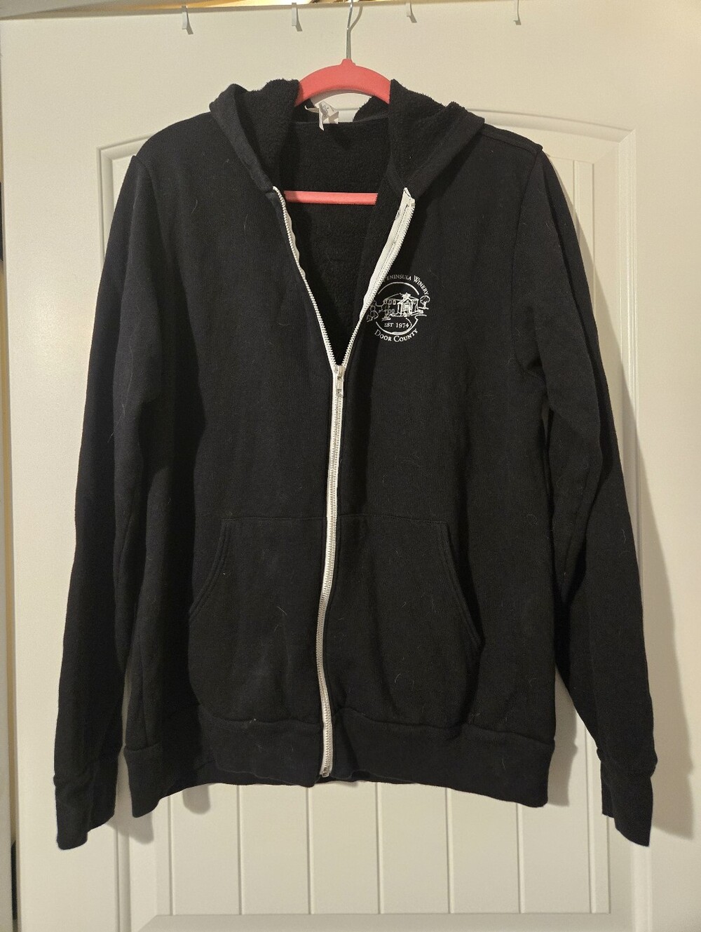 Bella & Canvas Black Zip-Up Hooded Sweatshirt with Door County Wi Chest Logo